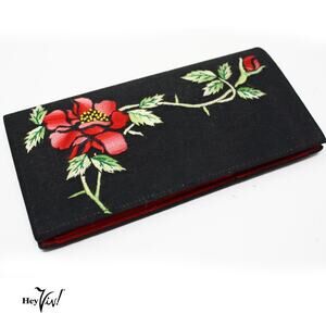 Vintage Black Embroidered Wallet Red Velveteen Inside Photo Holder 7x3" -Hey Viv